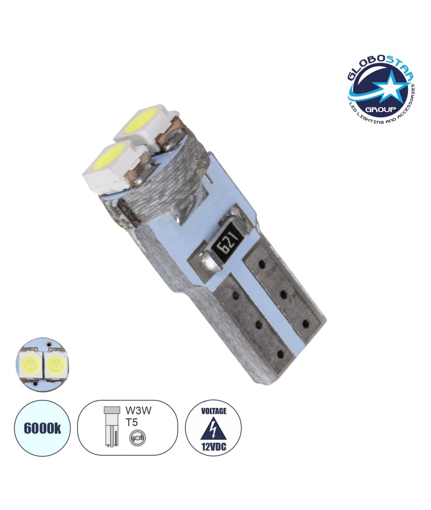 GloboStar® T5 81022 Λάμπα Αυτοκινήτου LED 2xSMD1210 0.6W 90lm 120° DC 12-16V IP20 Φ0.7 x Υ1.7cm Ψυχρό Λευκό 6000K